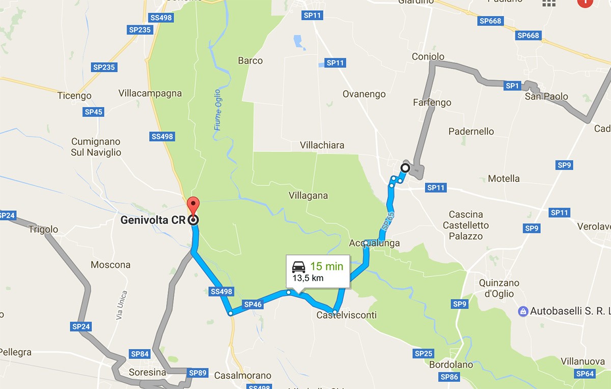 La mappa delle strade tra Borgo San Giacomo e Genivolta, dove è sparito Marco Sossi (il percorso esatto dell'uomo non è noto). Foto da Google Maps, www.bsnews.it