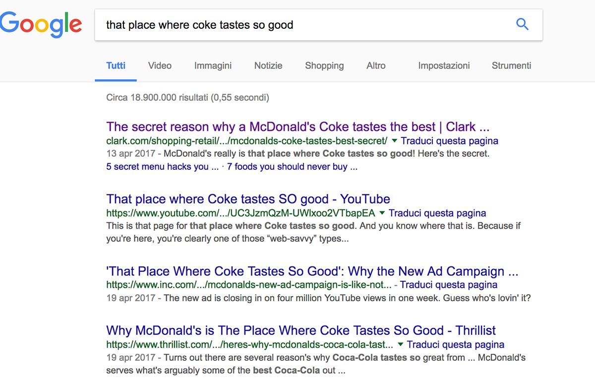 Lo spot di McDonald: Quel luogo in cui la Coca Cola è così buona (su Google.com)