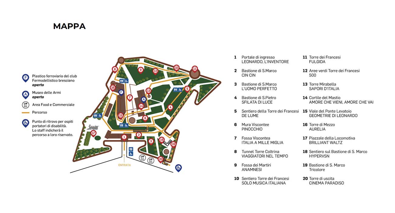 La mappa delle installazioni di Cidneon 2019 nel castello di Brescia